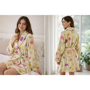 Charlotte Floral Plush Fleece Robe Collar Tie Waist Cozy Lounge Bathrobe Sz-L